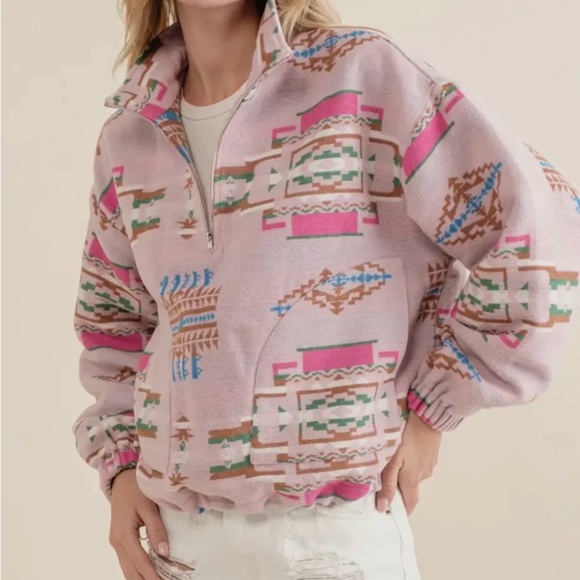 Pink Patterned Pullover Jacket Aztec new blue b - Picture 2 of 3